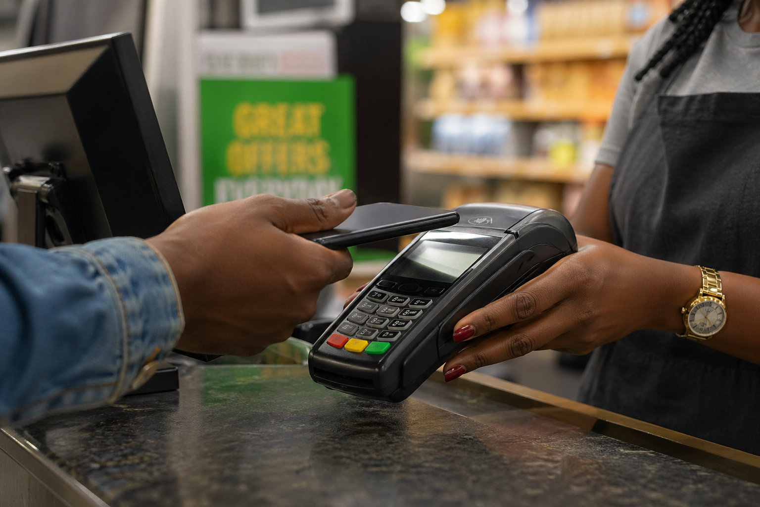 Cashier smiling at a POS terminal
